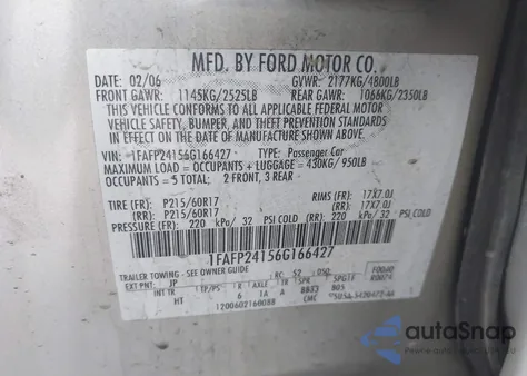 2006 Ford Five Hundred Sel z USA, uszkodzony, nr VIN 1FAFP24156G166427